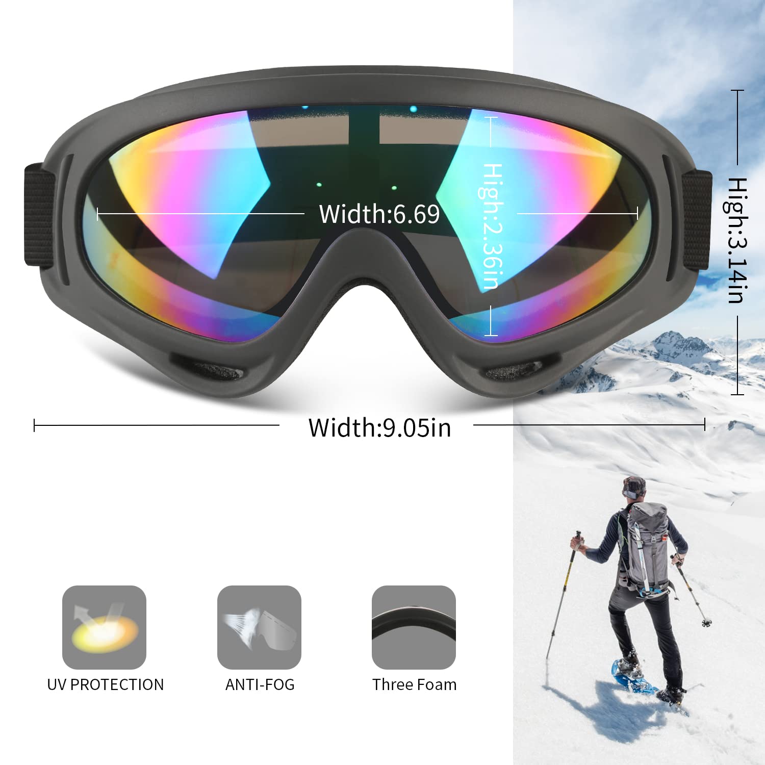 COOLOO Ski Goggles, 2 Pack Snow Goggles Snowboard Goggles for Men Women Kids - UV Protection Foam Anti-Scratch Dustproof