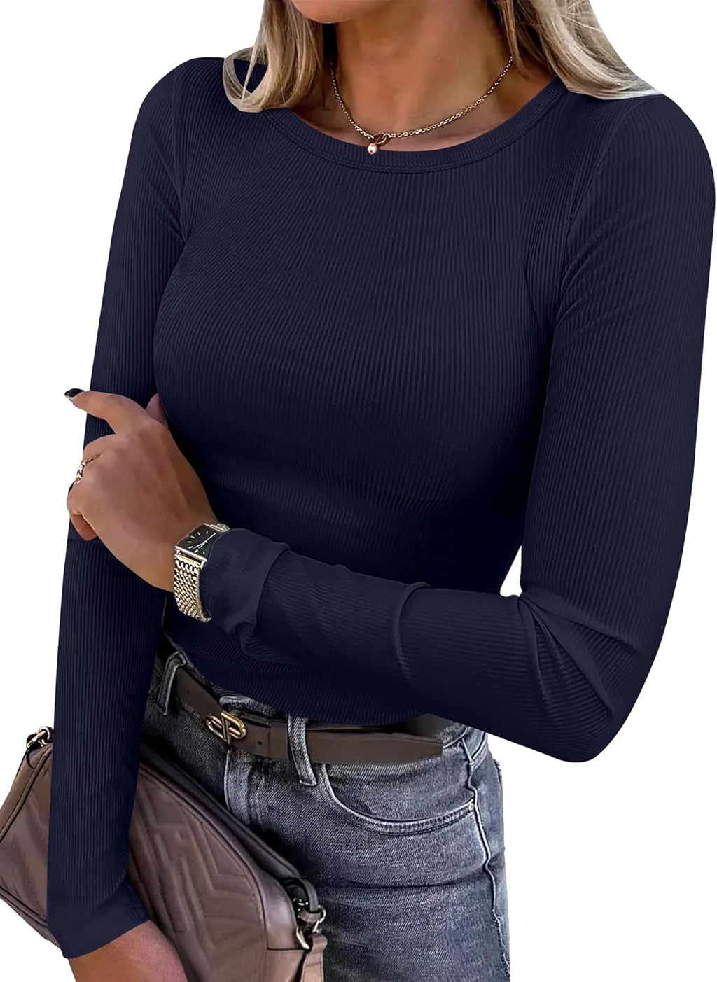 ANRABESS Women Long Sleeve Shirts Rib Knit Slim Fit Tops Basic Tee Spring Outfits Casual T-Shirt Underscrubs Layer Clothes