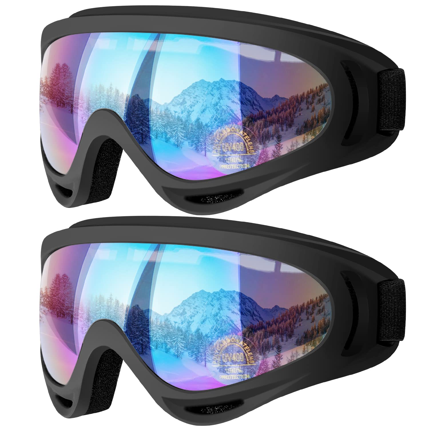 COOLOO Ski Goggles, 2 Pack Snow Goggles Snowboard Goggles for Men Women Kids - UV Protection Foam Anti-Scratch Dustproof