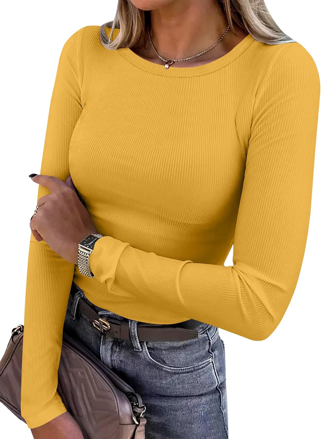 ANRABESS Women Long Sleeve Shirts Rib Knit Slim Fit Tops Basic Tee Spring Outfits Casual T-Shirt Underscrubs Layer Clothes