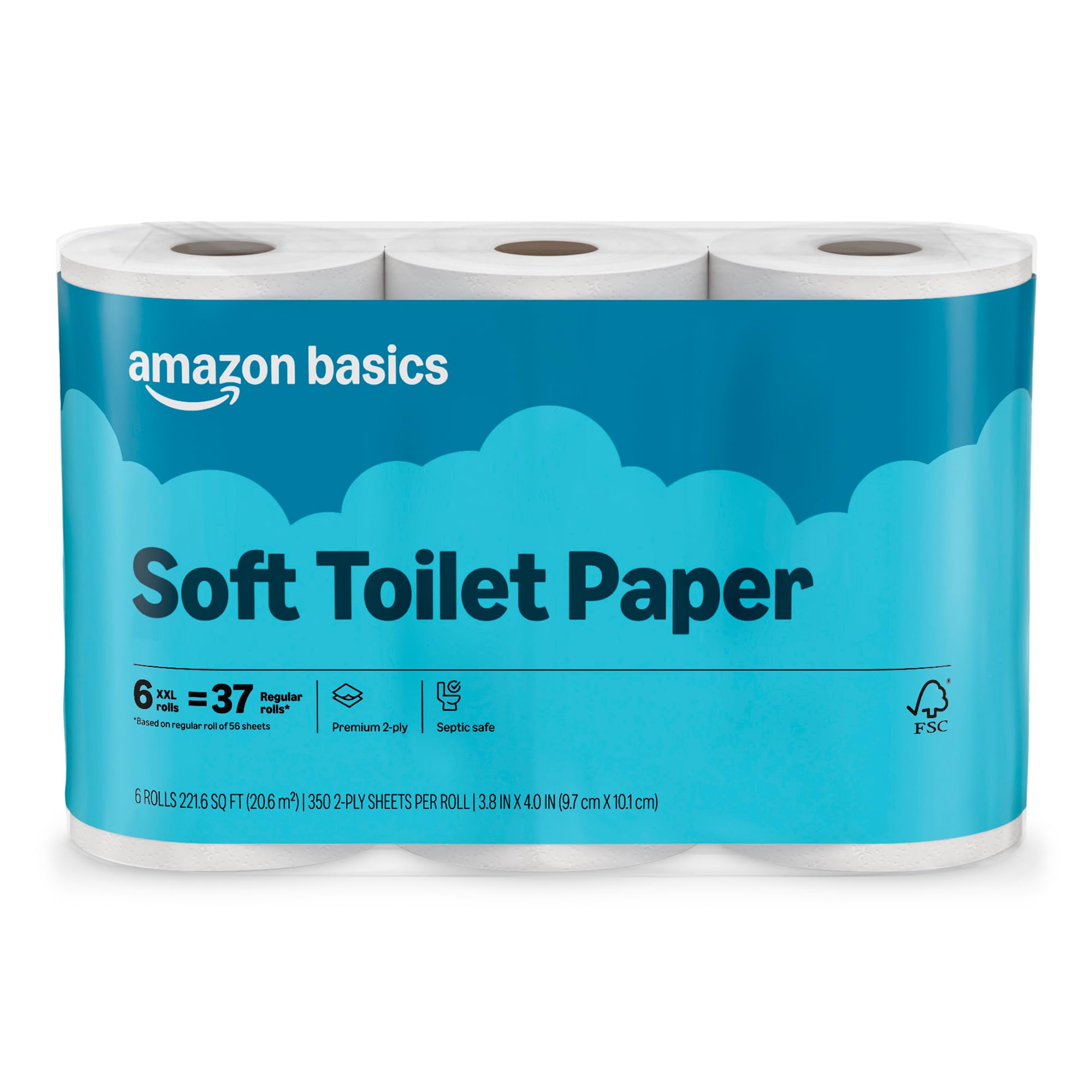 Amazon Basics 2-Ply Soft Toilet Paper, 30 Rolls (5 Packs of 6), 350 Sheets per Roll, Septic Safe, Equivalent to 185 Regular Rolls