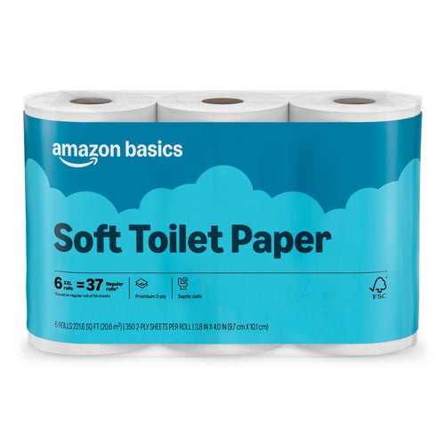 Amazon Basics 2-Ply Soft Toilet Paper, 30 Rolls (5 Packs of 6), 350 Sheets per Roll, Septic Safe, Equivalent to 185 Regular Rolls