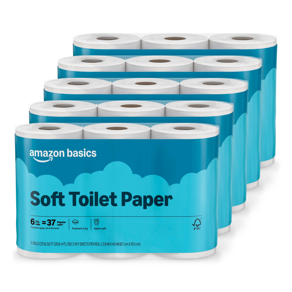 Amazon Basics 2-Ply Soft Toilet Paper, 30 Rolls (5 Packs of 6), 350 Sheets per Roll, Septic Safe, Equivalent to 185 Regular Rolls