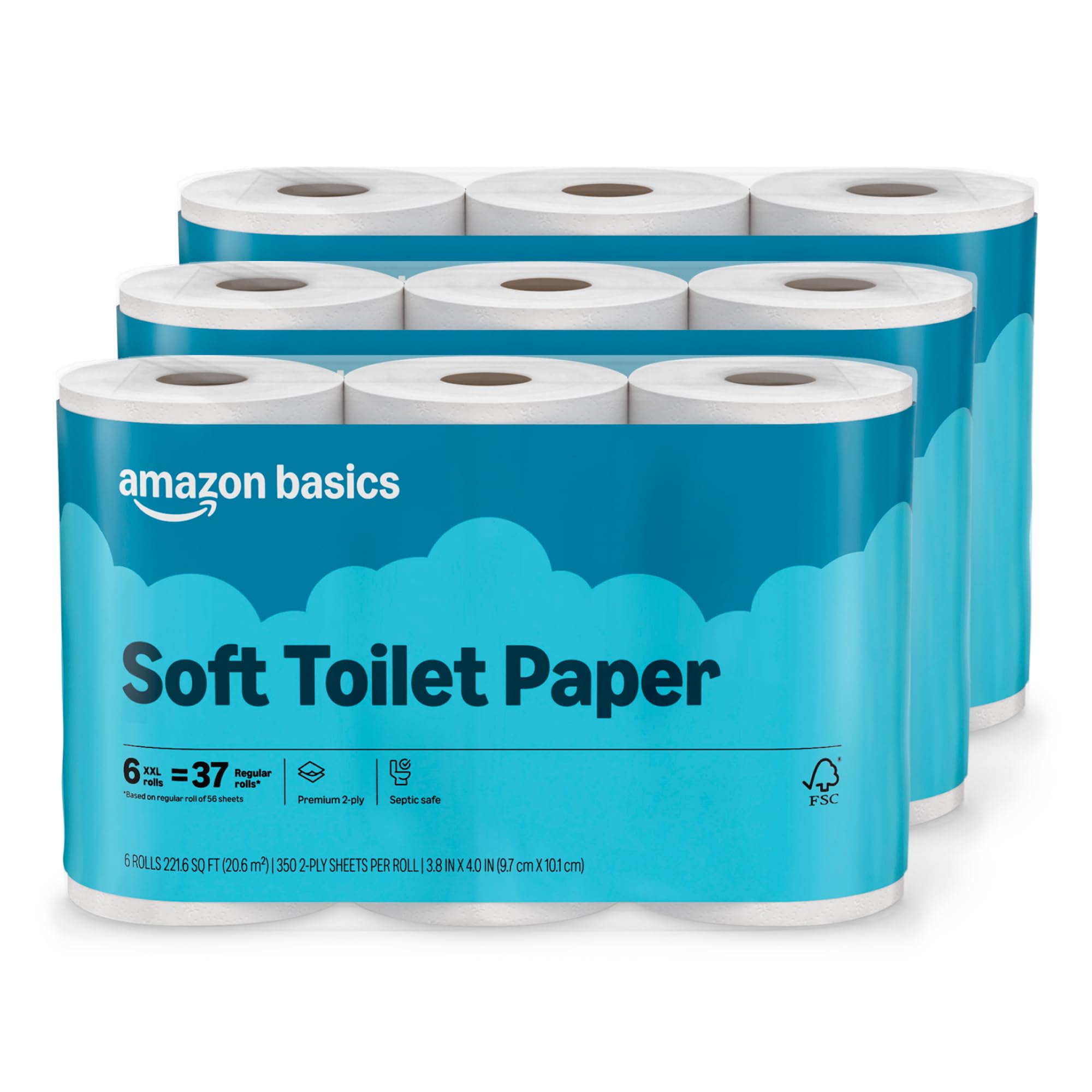 Amazon Basics 2-Ply Soft Toilet Paper, 30 Rolls (5 Packs of 6), 350 Sheets per Roll, Septic Safe, Equivalent to 185 Regular Rolls