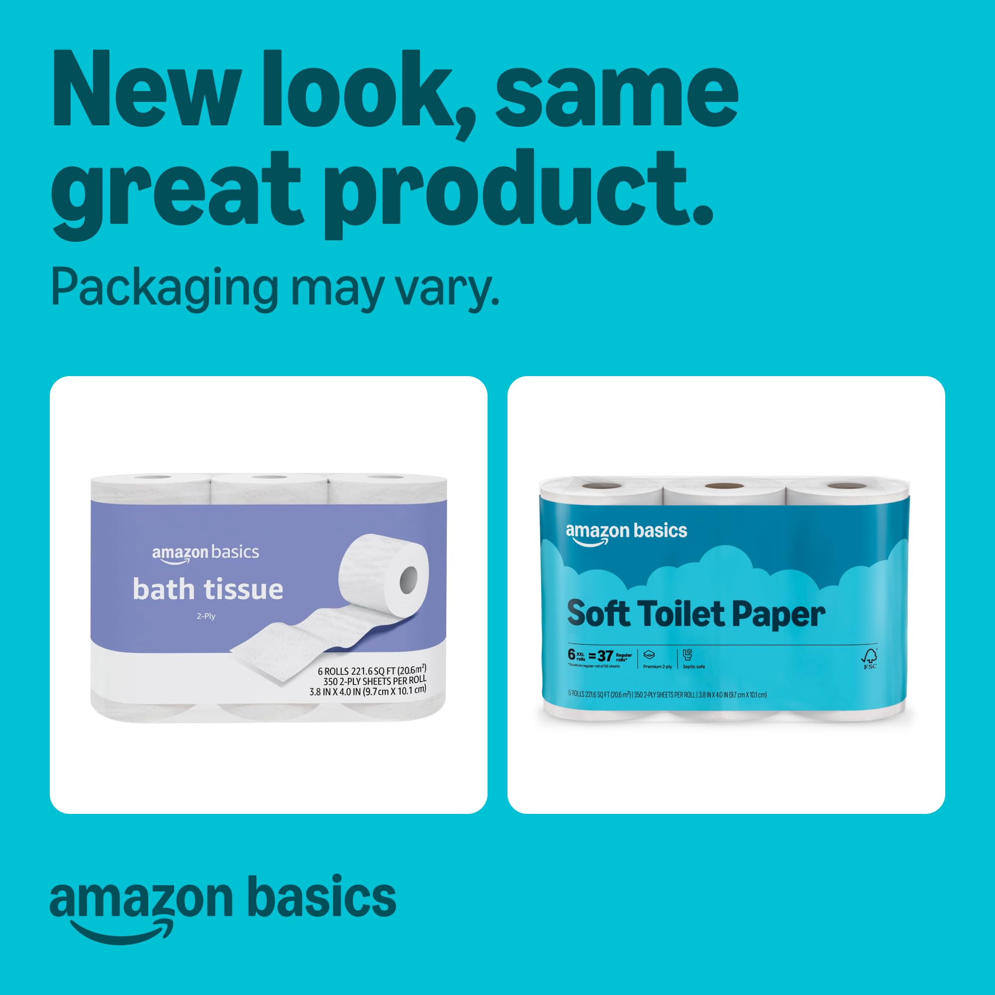 Amazon Basics 2-Ply Soft Toilet Paper, 30 Rolls (5 Packs of 6), 350 Sheets per Roll, Septic Safe, Equivalent to 185 Regular Rolls