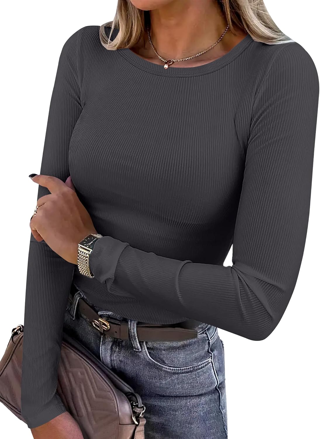 ANRABESS Women Long Sleeve Shirts Rib Knit Slim Fit Tops Basic Tee Spring Outfits Casual T-Shirt Underscrubs Layer Clothes