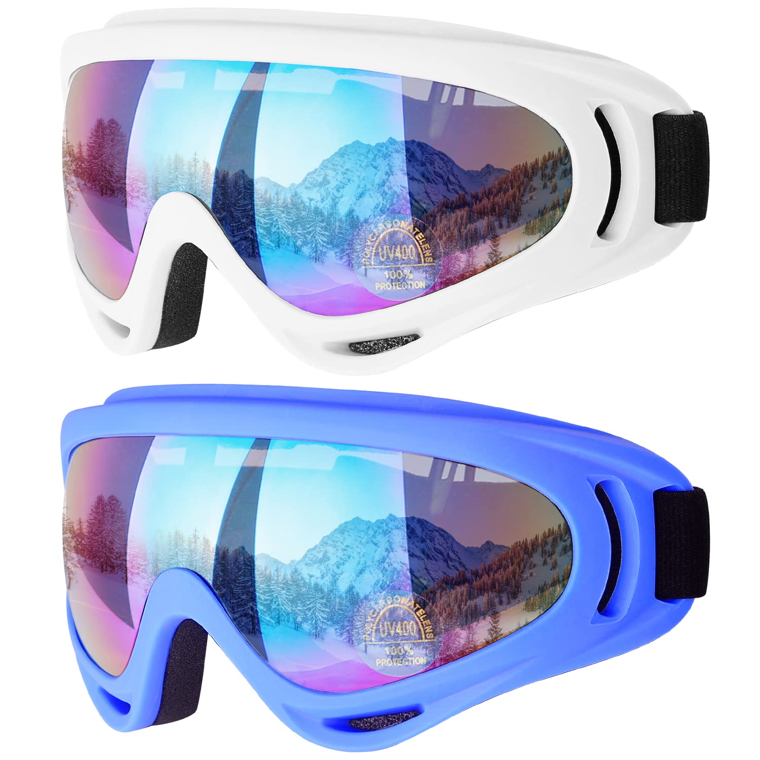COOLOO Ski Goggles, 2 Pack Snow Goggles Snowboard Goggles for Men Women Kids - UV Protection Foam Anti-Scratch Dustproof