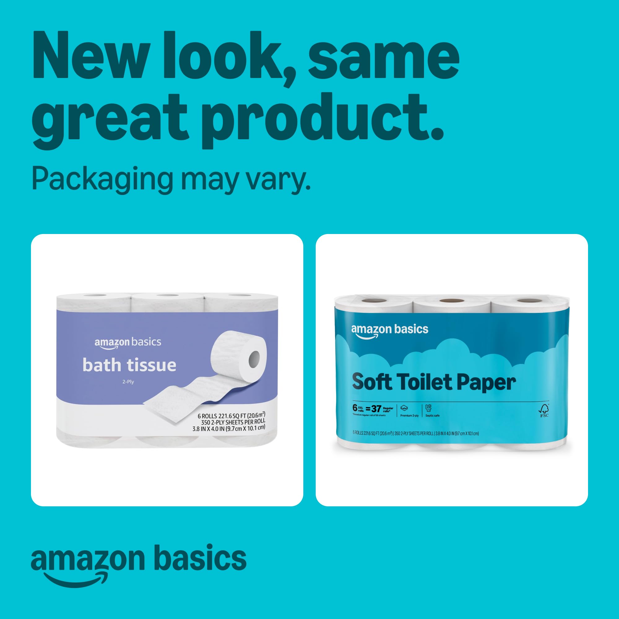 Amazon Basics 2-Ply Soft Toilet Paper, 30 Rolls (5 Packs of 6), 350 Sheets per Roll, Septic Safe, Equivalent to 185 Regular Rolls