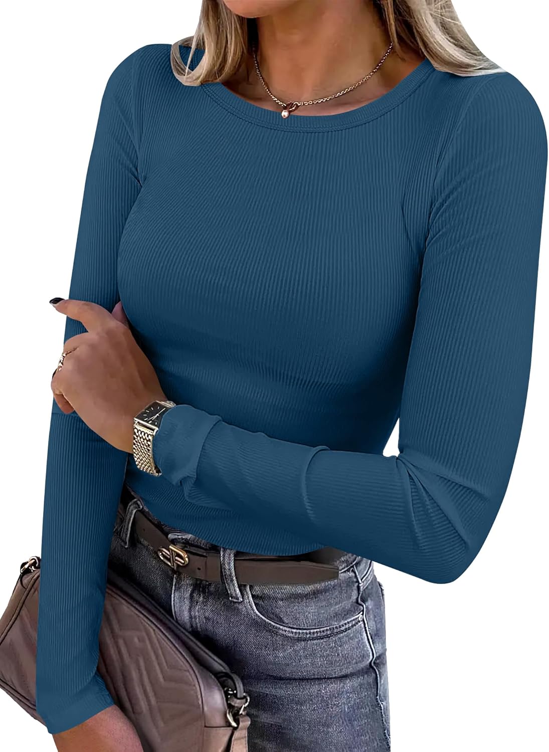 ANRABESS Women Long Sleeve Shirts Rib Knit Slim Fit Tops Basic Tee Spring Outfits Casual T-Shirt Underscrubs Layer Clothes