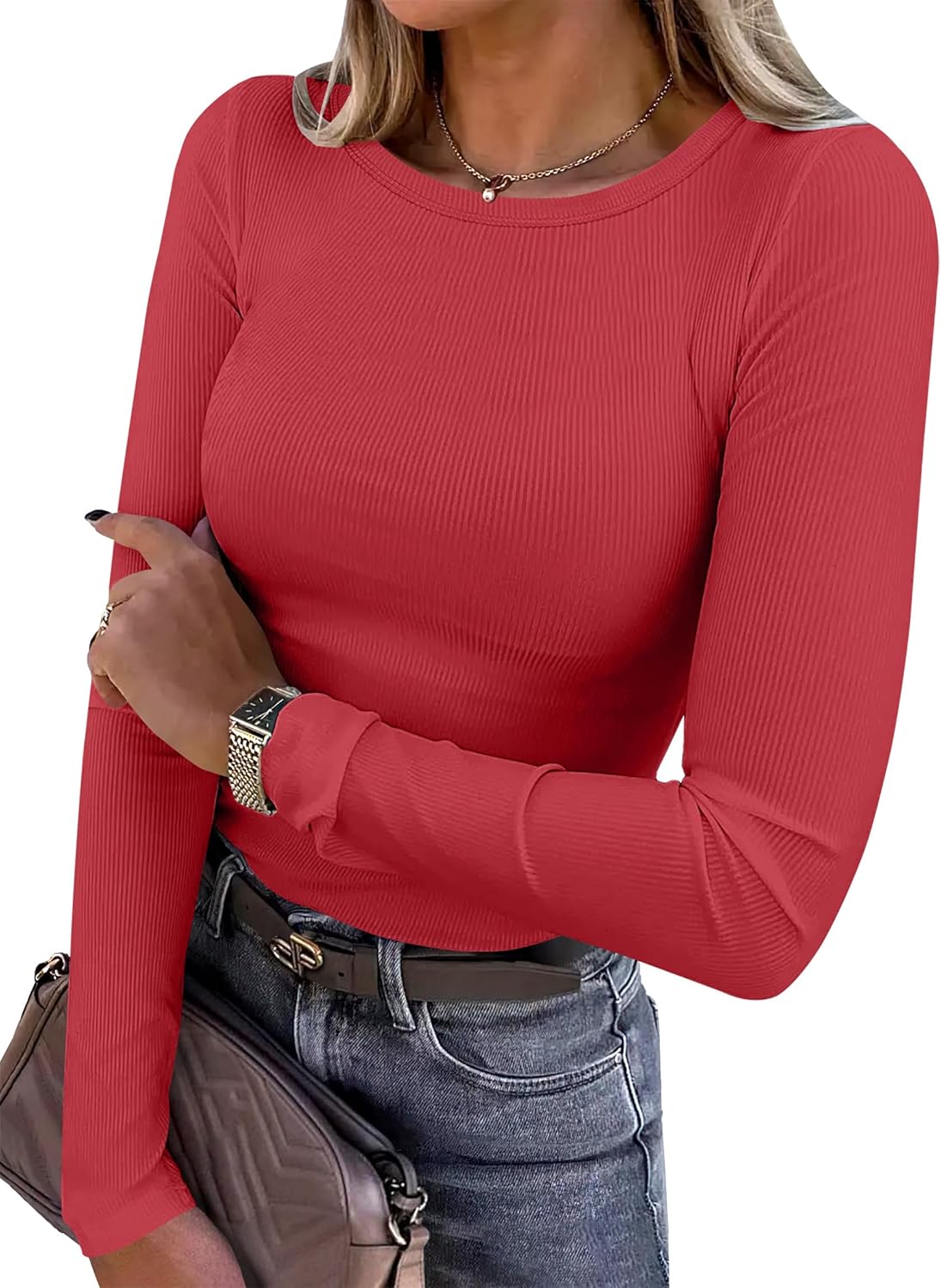 ANRABESS Women Long Sleeve Shirts Rib Knit Slim Fit Tops Basic Tee Spring Outfits Casual T-Shirt Underscrubs Layer Clothes
