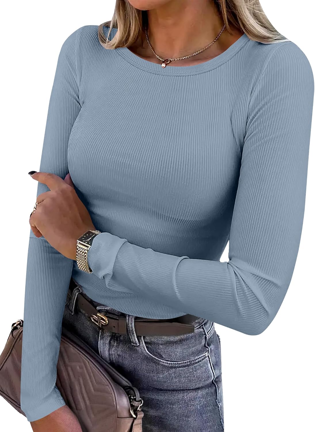 ANRABESS Women Long Sleeve Shirts Rib Knit Slim Fit Tops Basic Tee Spring Outfits Casual T-Shirt Underscrubs Layer Clothes