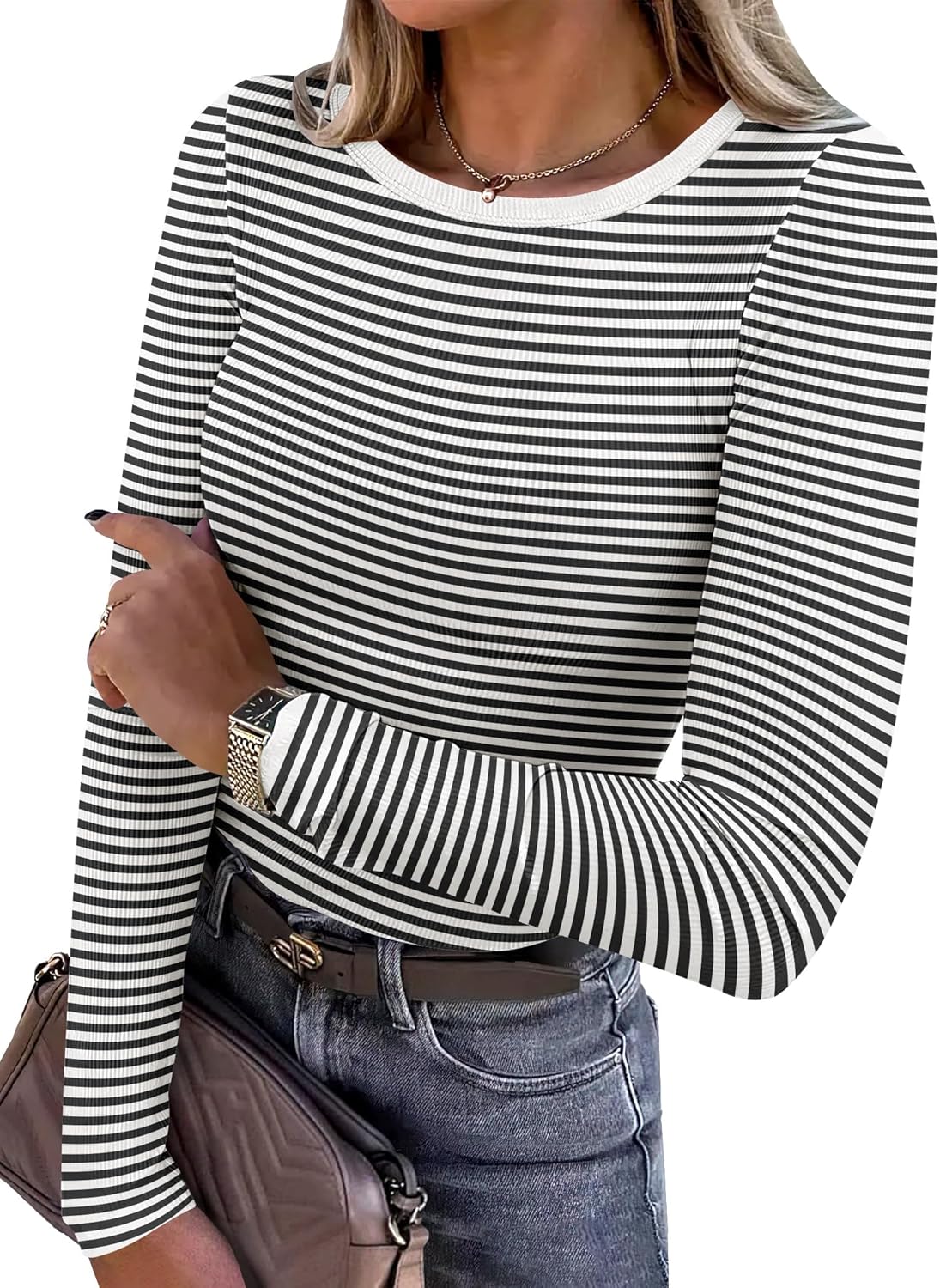 ANRABESS Women Long Sleeve Shirts Rib Knit Slim Fit Tops Basic Tee Spring Outfits Casual T-Shirt Underscrubs Layer Clothes