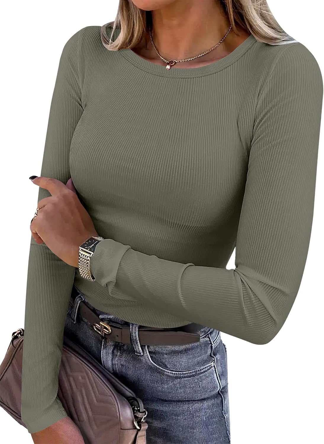 ANRABESS Women Long Sleeve Shirts Rib Knit Slim Fit Tops Basic Tee Spring Outfits Casual T-Shirt Underscrubs Layer Clothes