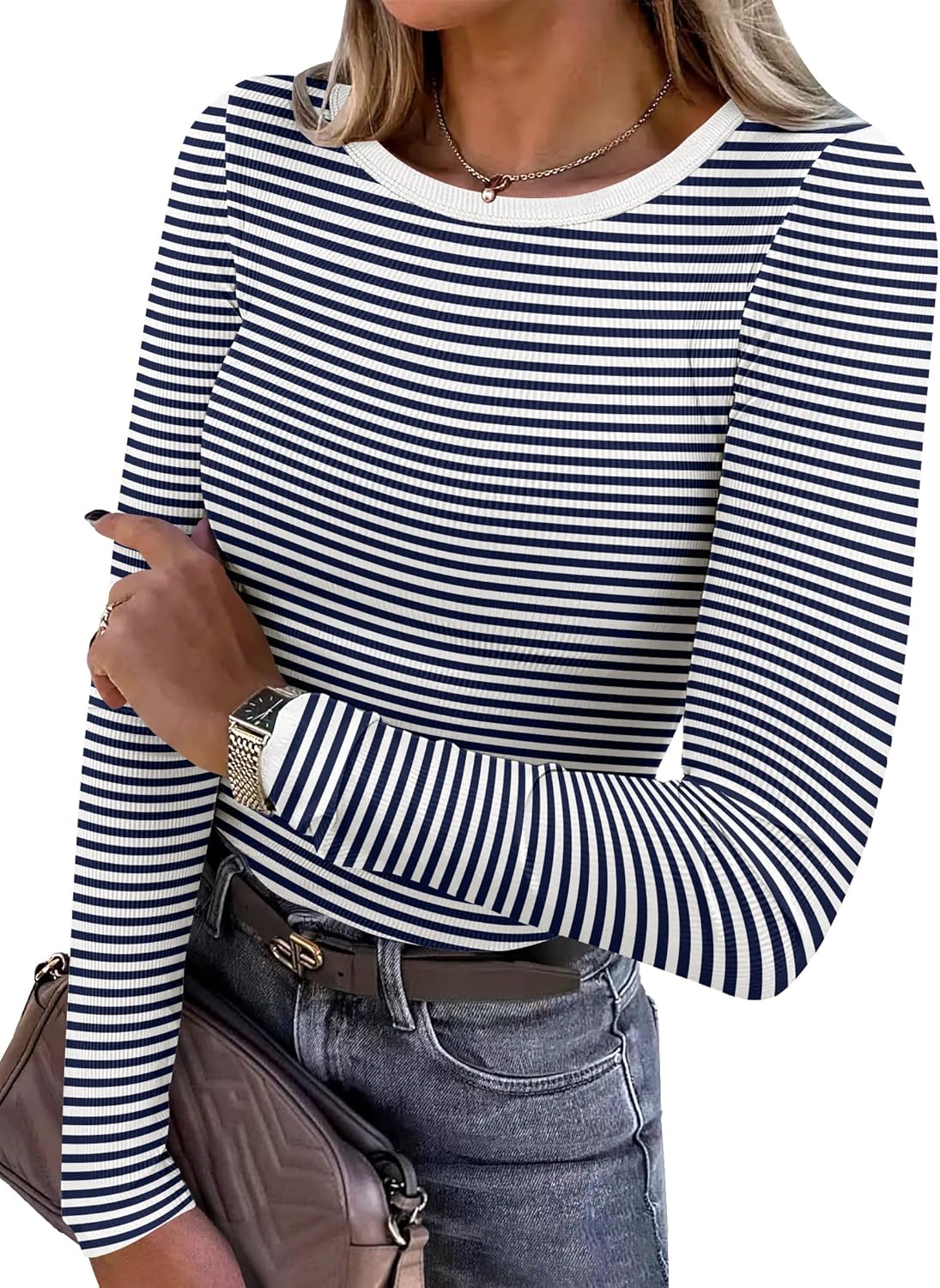 ANRABESS Women Long Sleeve Shirts Rib Knit Slim Fit Tops Basic Tee Spring Outfits Casual T-Shirt Underscrubs Layer Clothes