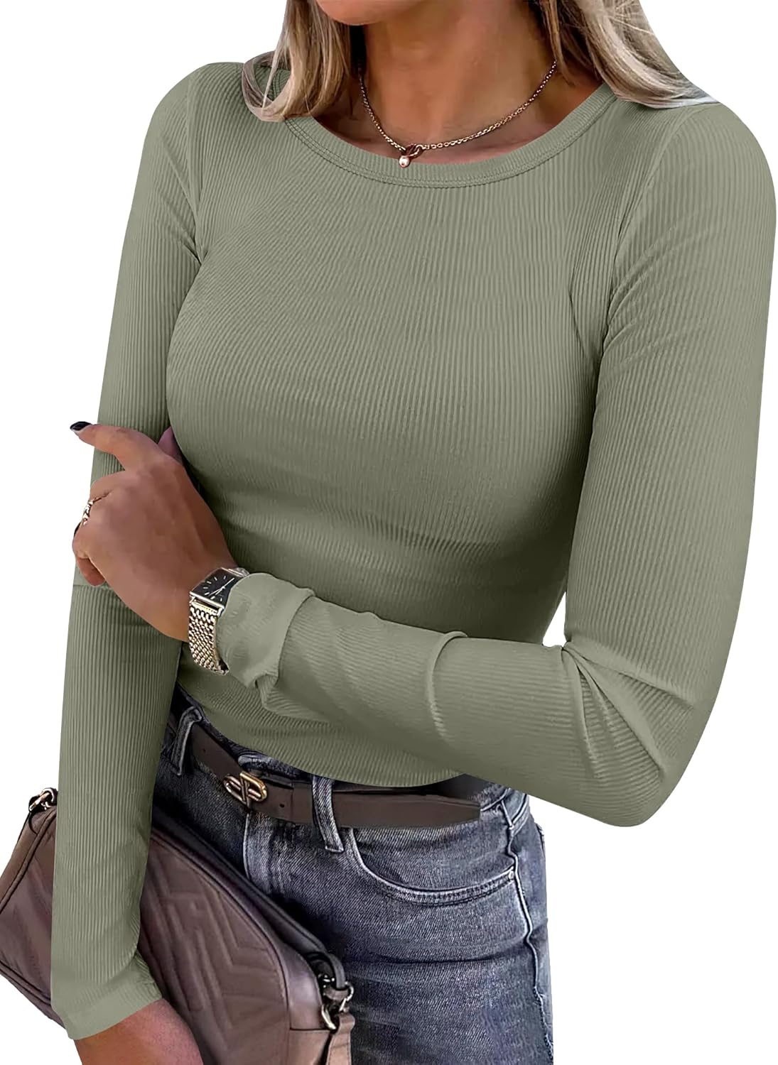 ANRABESS Women Long Sleeve Shirts Rib Knit Slim Fit Tops Basic Tee Spring Outfits Casual T-Shirt Underscrubs Layer Clothes