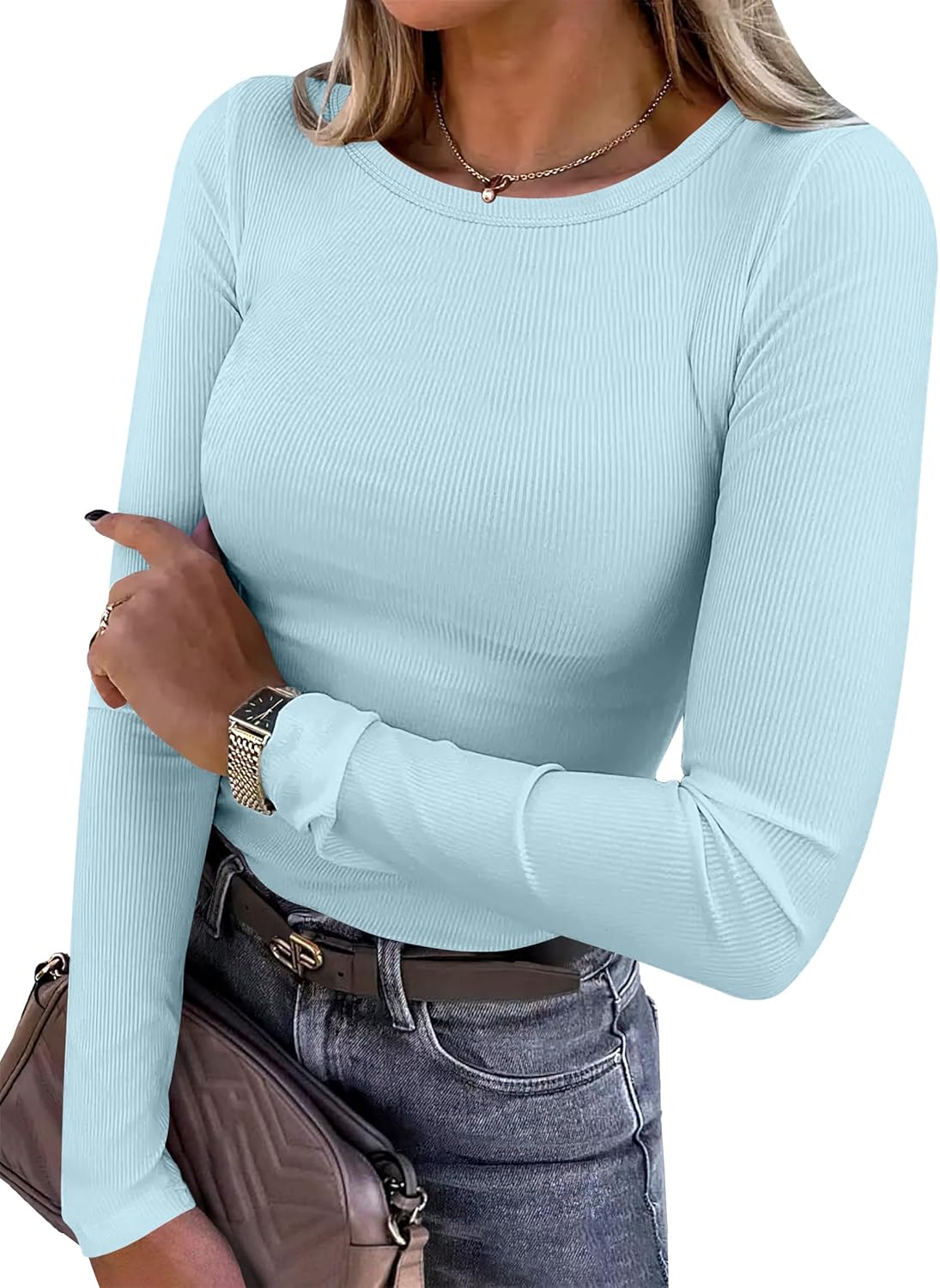 ANRABESS Women Long Sleeve Shirts Rib Knit Slim Fit Tops Basic Tee Spring Outfits Casual T-Shirt Underscrubs Layer Clothes