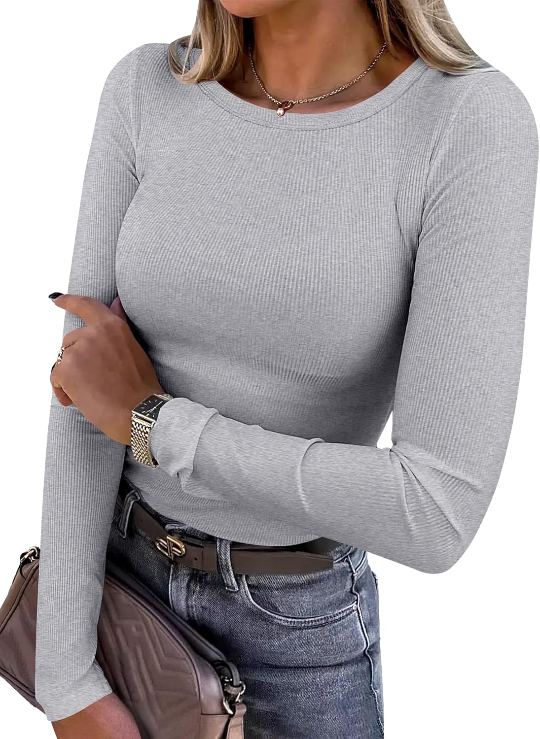ANRABESS Women Long Sleeve Shirts Rib Knit Slim Fit Tops Basic Tee Spring Outfits Casual T-Shirt Underscrubs Layer Clothes